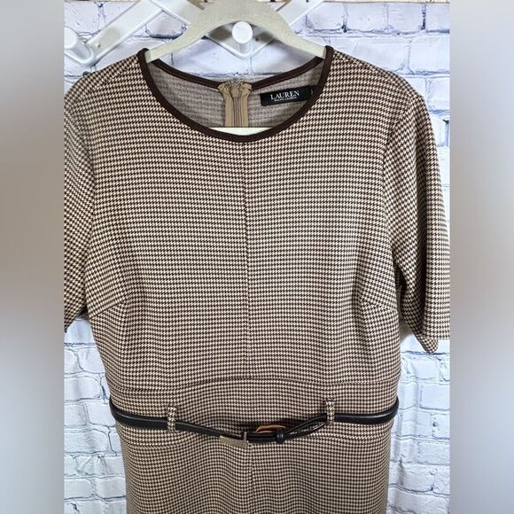 Lauren Ralph Lauren Brown Tan Houndstooth Academia Corporate Sheath Dress Size L - Picture 3 of 12